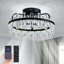 CROSSIO 20" Luxury Crystal Fandelier with Lights and Remote - Modern Black Low Profile Ceiling Fan with Light - Round Caged Flush Mount for Bedroom, Living Room, Dining Room