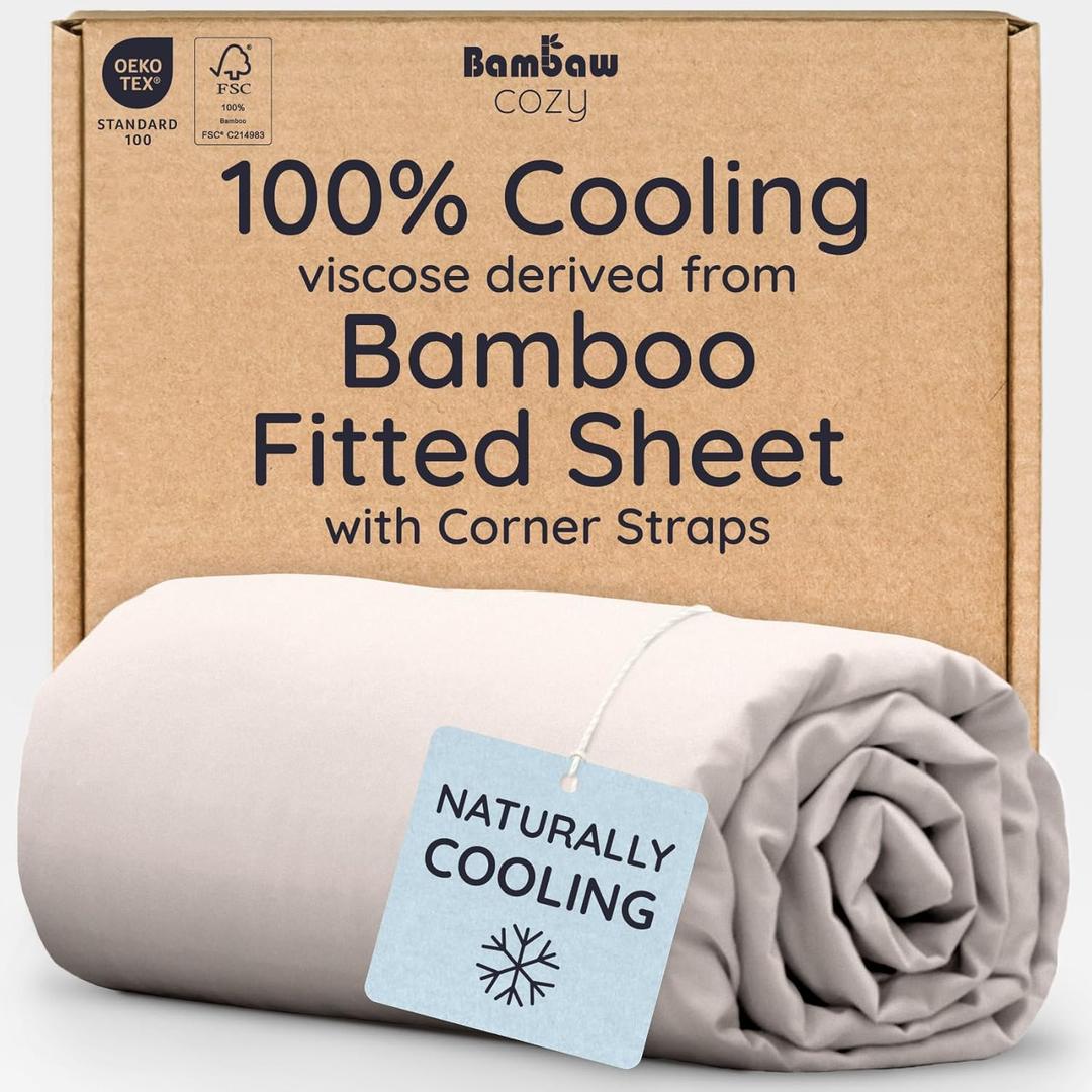 Bambaw 100% Viscose Derived from Bamboo Fitted Sheet Queen Size, Cooling Fitted Sheet Only, 16 Deep Pocket Sheets with Corner Straps, Queen Size (Sand)