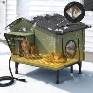 Petempo Heated Cat House for Outside Weatherproof in Winter, Large Insulated Feral Cat Shelter with Pet Heating Pad for Multi Kittens Puppies, UL Certified, Elevated Base with Chew-Resistant Cord (20"x16")