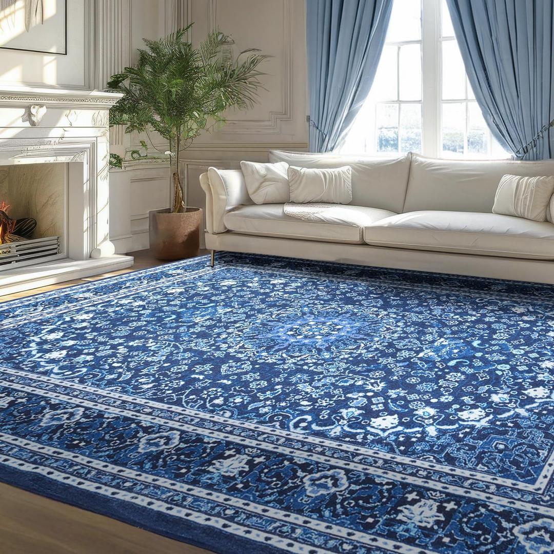 Lessymo Area Rugs 10 x 14 for Living Room, Machine Washable Area Rugs Boho Faux Wool Low Pile Area Rug for Bedroom, Floral Medallion Vintage Rugs with Non-Slip Rubber, Kid & Pet Friendly,Blue White