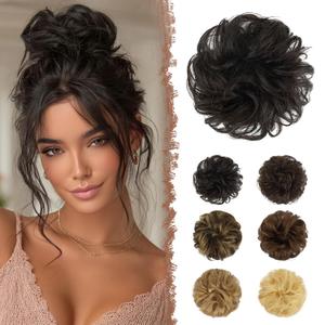 FESHFEN 100% Human Messy Bun - Human Hair Bun Real Elastic Scrunchies Hair Pieces Soft Fluffy Wavy Ponytail Extensions Updo Chignon Hairpieces for Women, Dark Brown