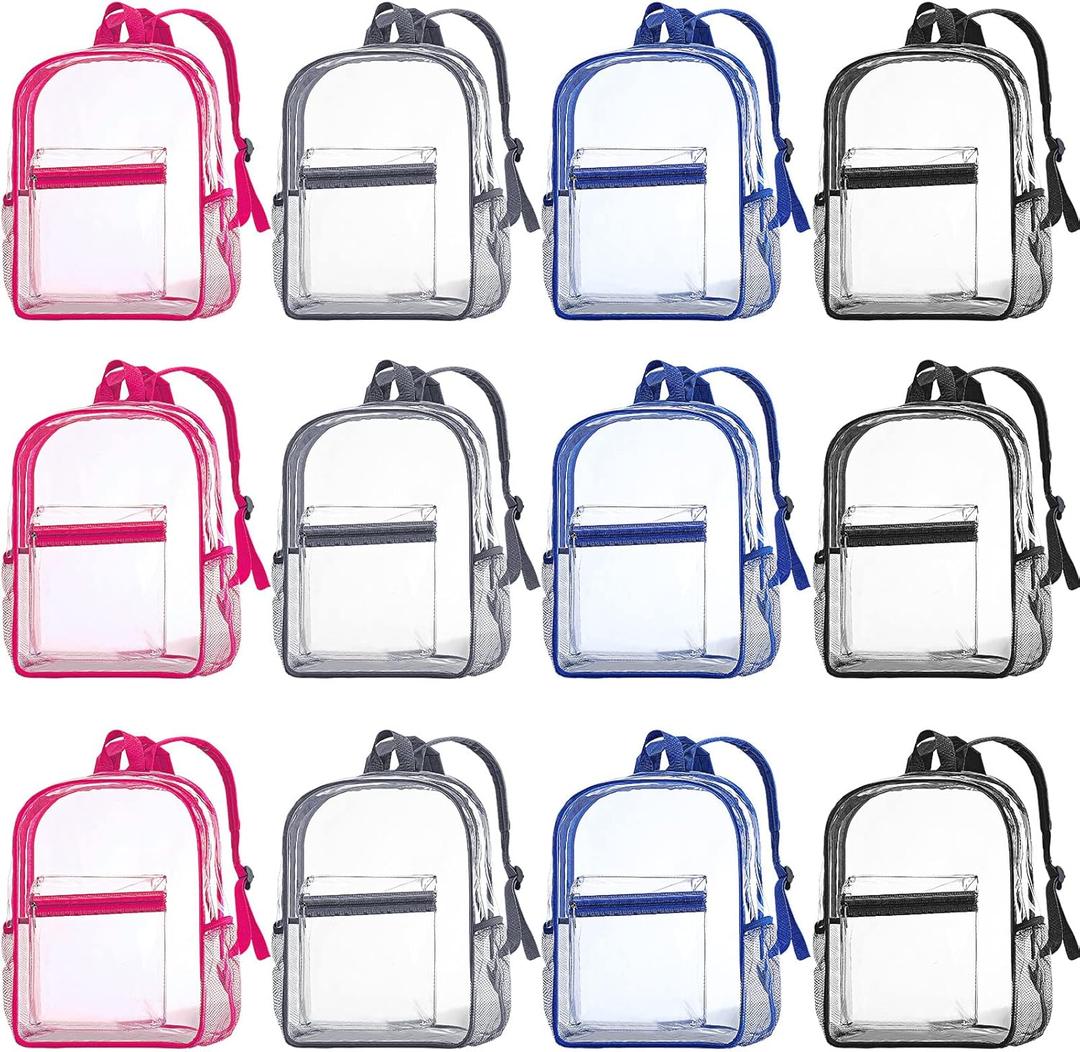 WILLBOND 12Pack Clear Backpack Heavy Duty Transparent Bookbag See Through Waterproof Plastic Backpack Bulk(Multicolor) (Rose Red, Blue, Light Gray, Black)