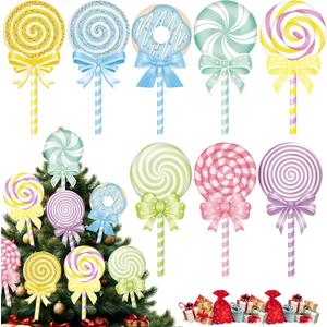 8Pcs Christmas Candyland Decorations 13 Inch Large Candy Cane Peppermint Lollipop Ornaments Xmas Tree Topper Cute Pink Blue Candy Picks Ornaments for Holiday Home Candyland Party Decor