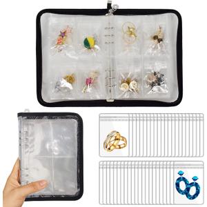 Earring Organizer Case Travel Jewelry Organizer Transparent Jewelry Storage Book for Necklace Bracelet Ring Holder with Small Clear Zippered Pouch (Black,80 PCS Small Bags)