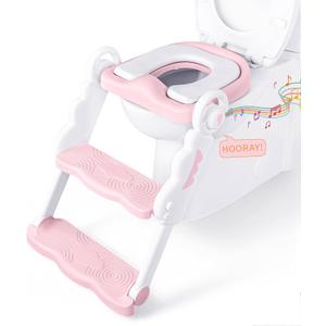 bebeleh Musical & Sound Toddler Potty Training Seat w/Step Stool Ladder - Collapsible & Adjustable Toilet, Pre Assembled Toddler Toilet Seat w/Music & Sounds - Splash Guard & Anti-Slip Steps - Pink