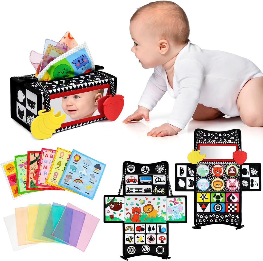 Dr.Rapeti Tummy Time Mirror, Tissue Box Toy, 3in1 Black and White High Contrast, Double-Sided Foldable Sensory Montessori Toy, Crinkle Silk Scarves Teethers 0-6 6-12 Month Newborn Infant Baby