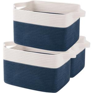 OIAHOMY Storage Baskets - Woven Cotton Rope Baskets for Shelves, Toy Towel Organizer Bins, Pack of 3, Blue & White (3 pcs-13x9.9x8.7)