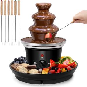 16oz Chocolate Fondue Fountain, 3-Tier MINI Chocolate Fountain with 6PCS Fondue Fork and Removal Fruits/Nuts/Treats Serving Tray for BBQ Sauce, Ranch, Nacho Cheese, Liqueurs (Black)