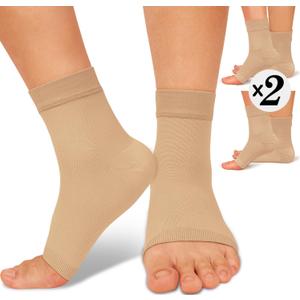 ACTINPUT 2 Pack Ankle Brace Compression Sleeve 8-15 mmHg Open Toe ompression Socks Women & Men for Swelling, Plantar Fasciitis, Sprain Beige S/M