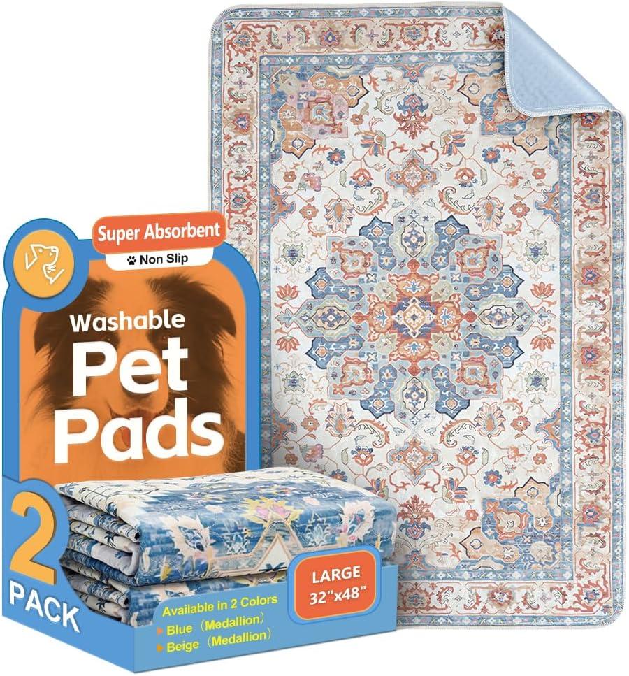 Washable Pee Pads for Dogs 2 Pack Reusable Puppy Training Pads 48"x32" Super Absorbent Waterproof Dog Training Pads, Non-Slip Potty Pads for Floor, Crate, Couch
