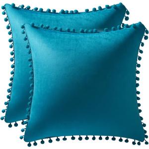 DEZENE Throw Pillow Cases 16x16 Turquoise: 2 Pack Cozy Soft Pom-poms Velvet Square Decorative Pillow Covers for Farmhouse Home Decor