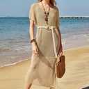 VOTEPRETTY Womens Two Piece Cover Ups Sets Crochet Beach Vacation Summer Swimwear Short Sleeve Outfits Split Knit Long Dress (L)