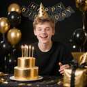 Black & Gold Birthday Decorations Set for Men- Happy Birthday Party Supplies with Banner, Hanging Swirls, Tablecloth, Cake Toppers and Balloons Arch for Graduation Decor