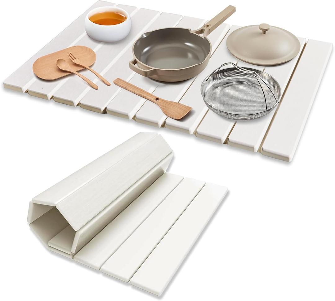 Large Stone Dish Drying Mats for Kitchen Counter, 24"(L)16"(W) Collapsible Diatomaceous Earth Mats, Eco-Friendly Absorbent Dish Drying Mat for Dishes Bottles Cups, Match Any Countertop