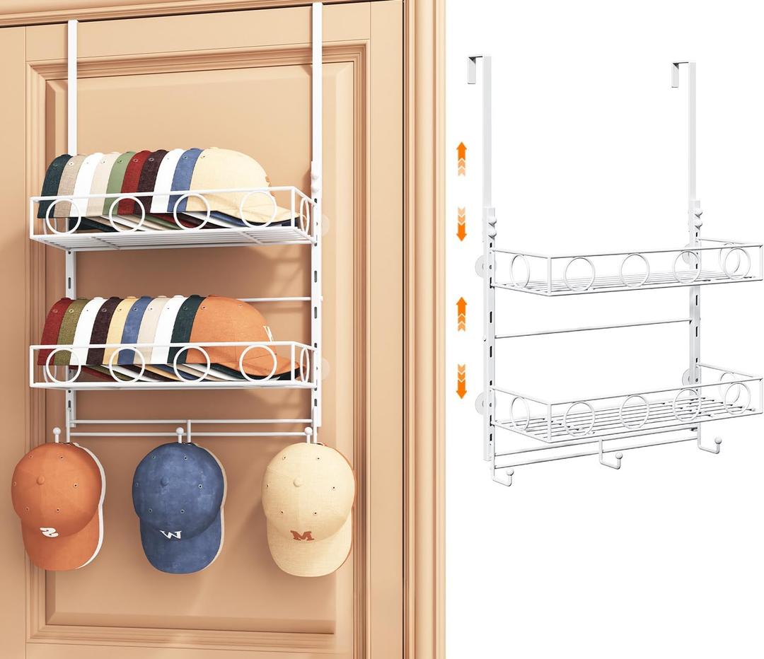 Over Door Hat Organizer 3 Tier Wall Mounted Hat Rack with 2 Adjustable Metal Basket and 3 Hooks Hat Organizer for Baseball caps Hat Hanger Holder Display for Door Closet, Cap Organizer Storage (White)