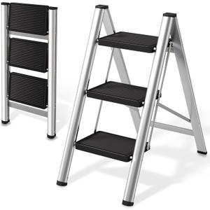 3 Step Ladder, Folding Step Stool for Adults with Wide Anti-Slip Pedals, Portable Step Ladder for Kitchen/Closet/Garage, Steel Multi-use Foldable Stepstool for Home 330 Lbs