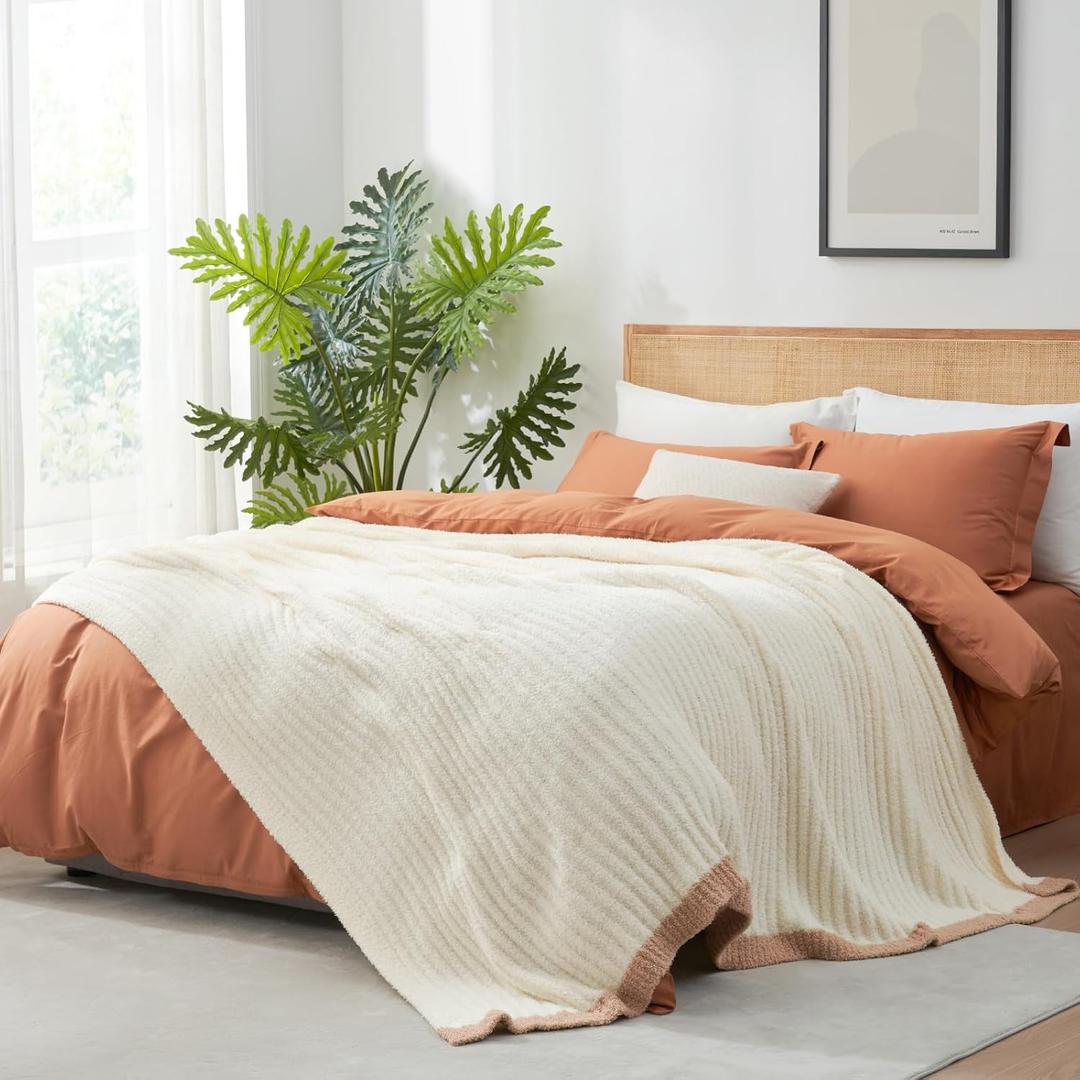 Snuggle Sac Fluffy Ribbed Cream Blanket Twin Size, Soft Luxurious Knit Throws, Fuzzy Plush Microfiber Blankets for Couch, Sofa, Bed, Cream, 60x80 inches