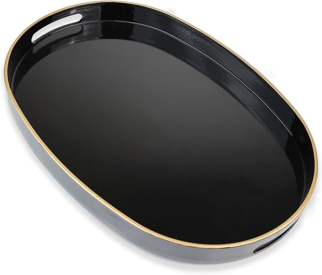 Black Oval Decorative Tray with Handles, Versatile Serving Tray for Coffee Table, Ottoman, Ideal for Serving, Displaying, Organizing (15.5" x 10.6" x 1.4")