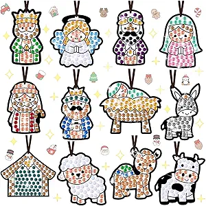36 Sets Christmas Nativity Window Art Suncatcher Kits, Diamond Art Ornament Kits with Ropes, Gem Suncatcher Fun Gemstone Sun Catcher, Diamond Crafts Gift