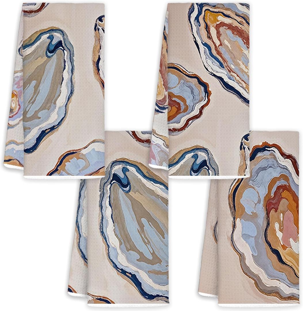 JINYO Oyster Beach Kitchen Towels Set of 4, Coastal Kitchen Towels, Nautical Hand Towels for Bathroom, Coastal Themed Gifts Dish Towels Tea Towels, Beach Kitchen Bathroom Decor, 16x24 Inch