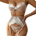 WDIRARA Women's Rhinestone Ring Linked Contrast Mesh Underwear Sleeveless Backless Lingerie Set (Small, Apricot)
