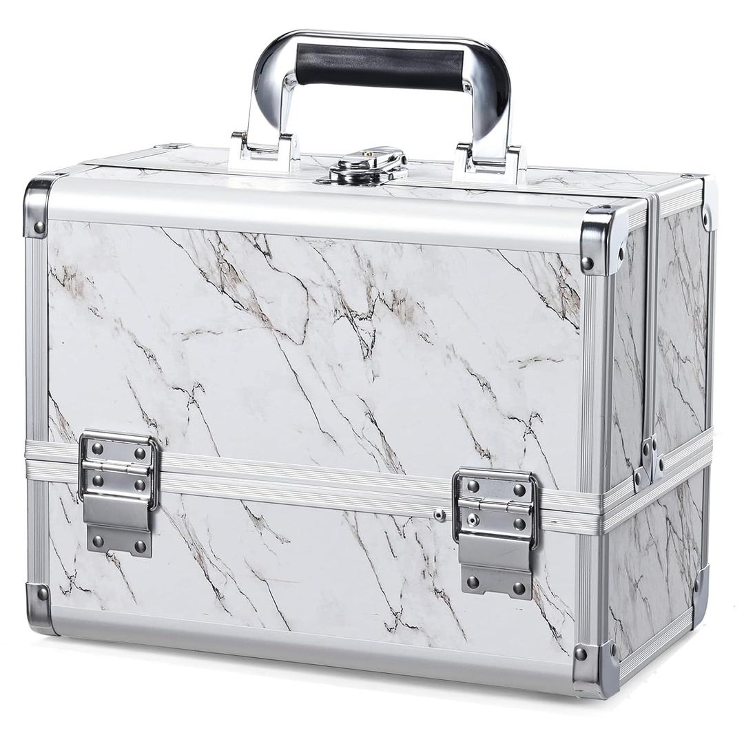 Joligrace Makeup Box Train Case 11.8 Inches Cosmetic Organizer with Mirror 2-Tier Tackle Tray Lockable Portable Travel Carrying Make-up Storage Box with Handle - Marble White Joligrace Makeup Box Train Case 11.8 Inches Cosmetic Organizer with Mirror 2-Tier Tackle Tray Lockable Portable Travel Carrying Make-up Storage Box with Handle - Marble White