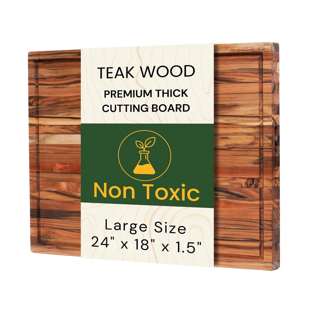 Extra Large Teak Wood Cutting Board 24x18 Inch for Meat, Brisket & Professional Kitchen Prep, 1.5" Thick Edge Grain Butcher Block with Deep Juice Groove & Handle, Non-toxic Board by New M Way