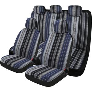 PONYJOYUP Baja Saddle Blanket Car Seat Covers 9PCS Full Set, Breathable and Washable Striped Woven Automotive Vehicle Seat Cover, Universal Seat Cover for Sedan, SUV, Truck, Airbag Compatible, Blue Baja