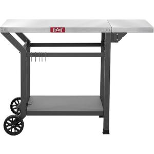 Feasto Movable Grill Table with Folding Side Table, Pizza Oven Table as BBQ Food Prep Cart with Undershelf for Outdoor & Indoor Use, 43" L x 20" W Stainless Steel Tabletop, Grey