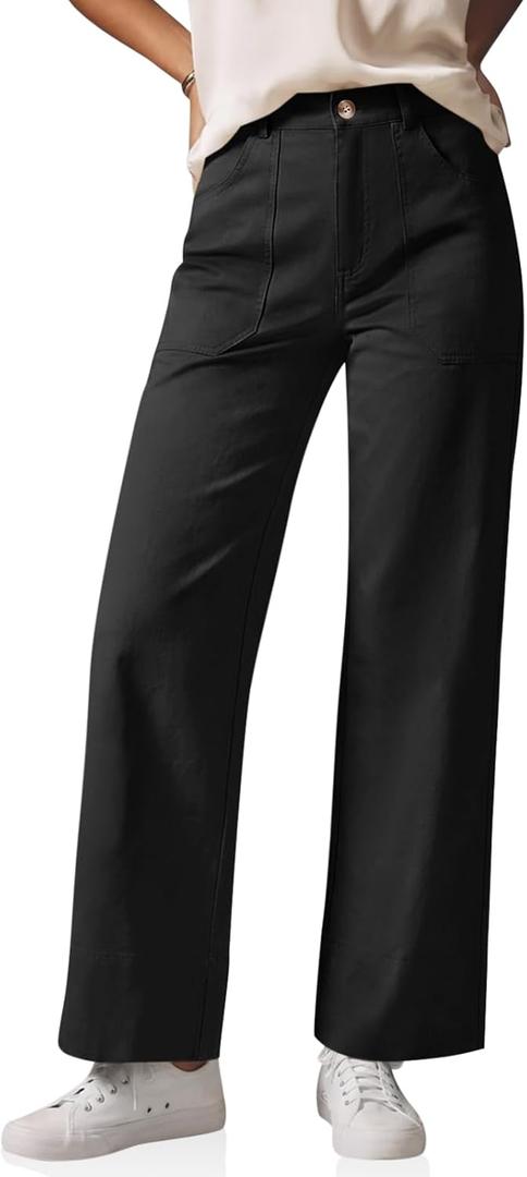 Cicy Bell Womens Wide Leg Pants Summer Baggy Casual Elastic High Waisted Cotton Trousers with Pockets (XX-Large, Black)