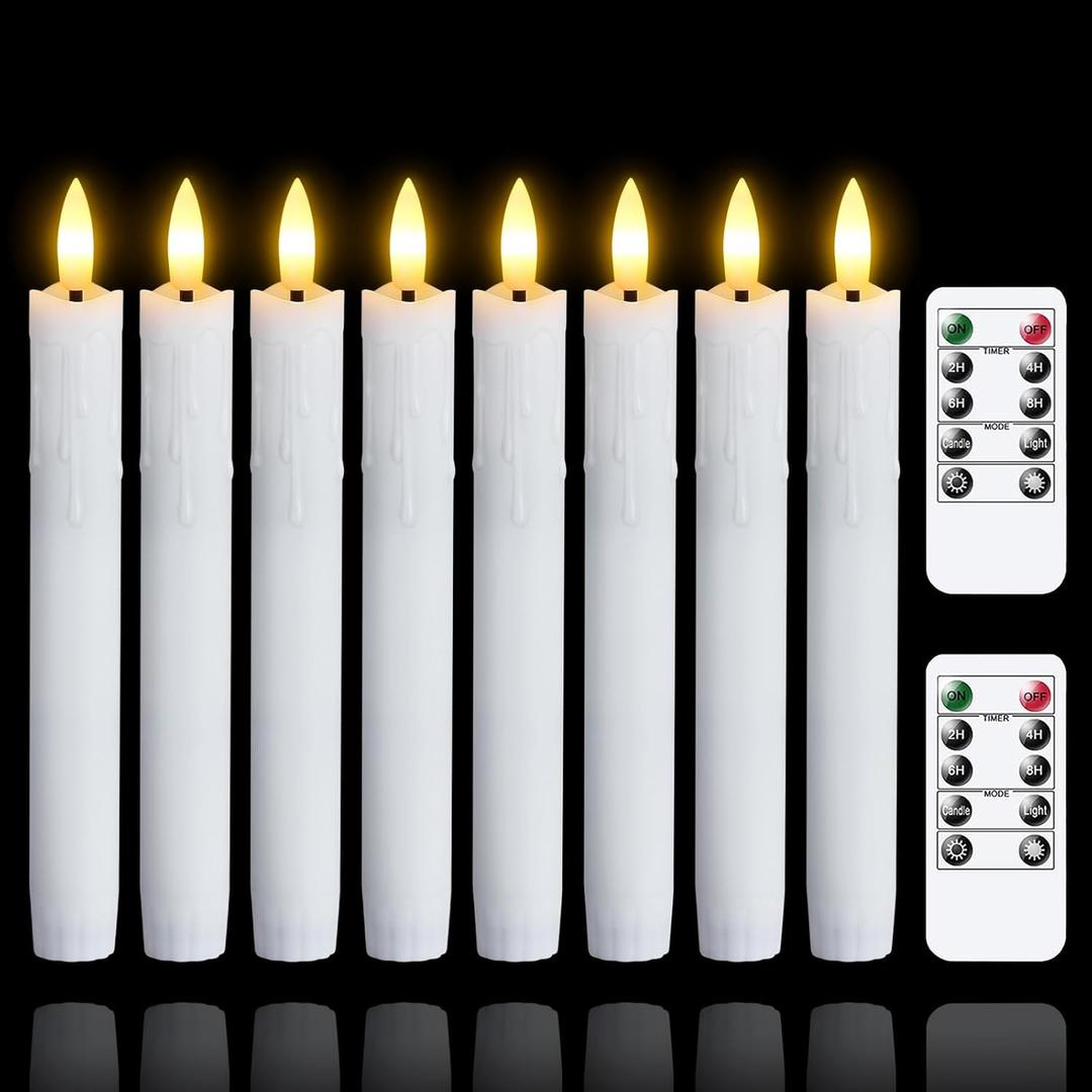 Flameless Flickering Taper Candles Two Remote, 7.5 Inch White Battery Operated LED Window Candles Timer,Set of 8 Plastic 3D-Wick Dripping-Wax Effect Flameless Candlesticks(0.86Dia,Warm Fire)