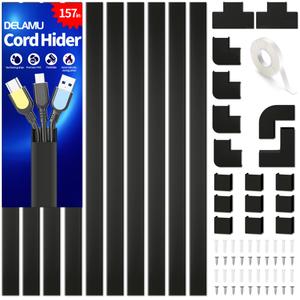 Cable Hider, 157in Delamu Cord Hider Wall for Wall Mounted TV, Wire Hider Kit, Paintable Cable Concealer Raceway Management for Home & Office, 10XL15.7 W0.95 H0.55in, Black