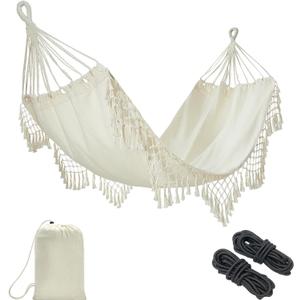 JoyView Boho Macrame Single Hammock with Hanging Ropes & Elegant Tassels 78.8x39.4 Portable Cotton Hammock for Patio Backyard Porch 300LBS Weight Capacity Perfect for Outdoor/Indoor - Beige Color