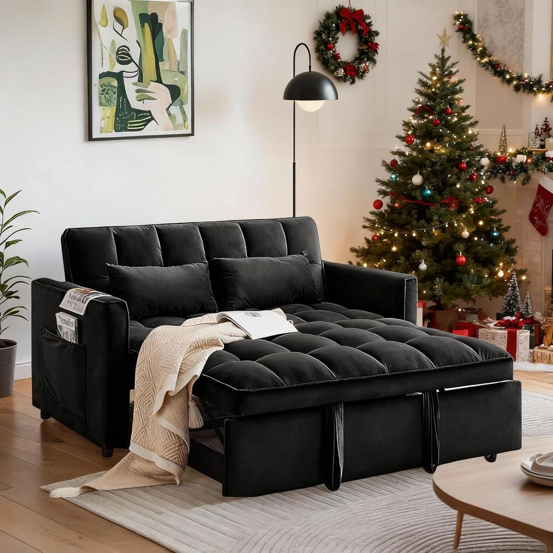 Trygoal Convertible Sofa Bed, Pull Out Couch with Side Pockets, 3 in 1 Velvet Fabric Loveseat Sleeper Sofa Bed, Pull Out Couch with Adjustable Backrest for Living Room, Bedroom, Apartment, Deep Black