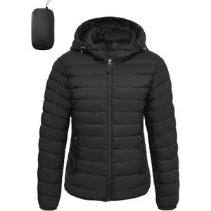 Womens Puffer Jacket Lightweight Packable Winter Light Coat Full-Zip Hooded Outerwear for Travel (Black, S)