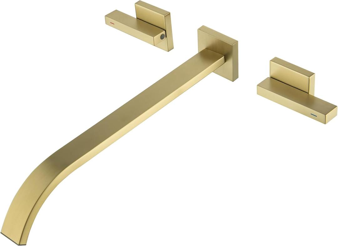 Wall Mount Tub Filler Brushed Gold Bathtub Faucet Extra Long 11.8" Bath Tub Faucet Set High Flow 2 Handle Wall Mounted Bathtub Faucets, BY005TG