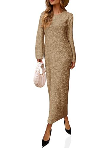 Saodimallsu Womens Long Sleeve Midi Sweater Dress Crew Neck Swiss Dot Soft Knit Casual Fall Trendy Maxi Dresses Khaki Size S