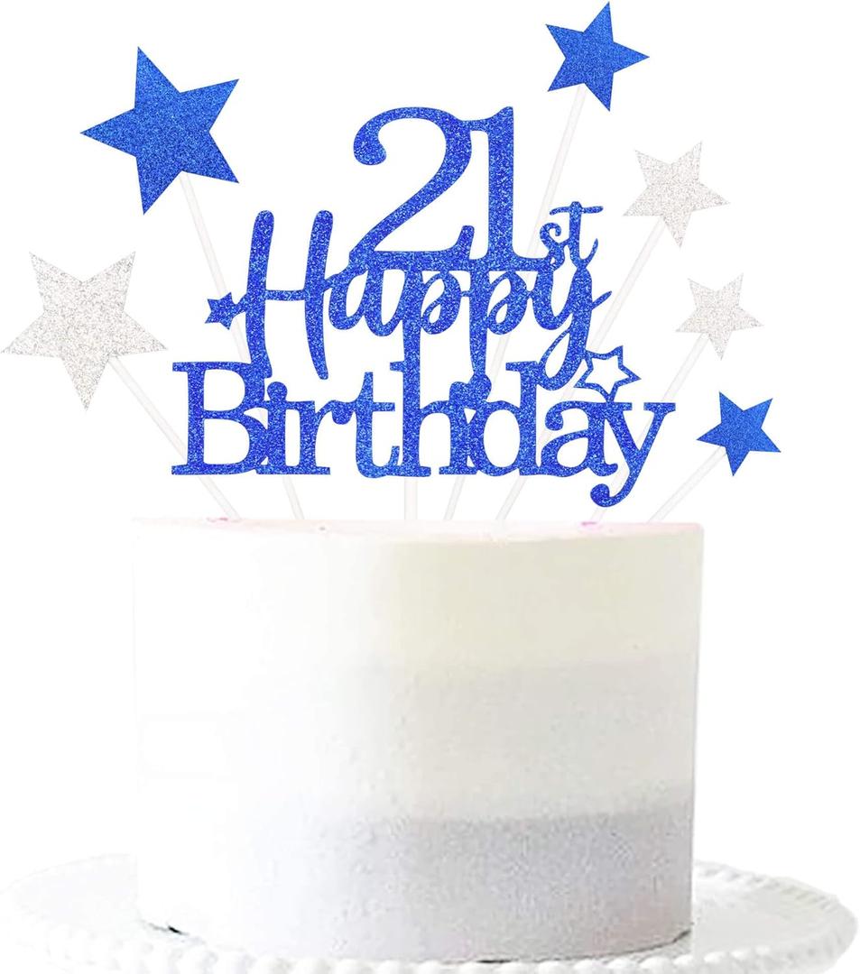 2 x Glittery 21st Happy Birthday Cake Topper with Star,Personalised 21 Birthday Cake Toppers Party Decorations Party Supplies for Boys Girls Blue