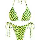 ZAFUL Triangle Bikini for Women 2 Piece Halter Bikini Sets Sexy High Cut Bathing Suit Side Tie Swimsuits Yellow Plaid, Small