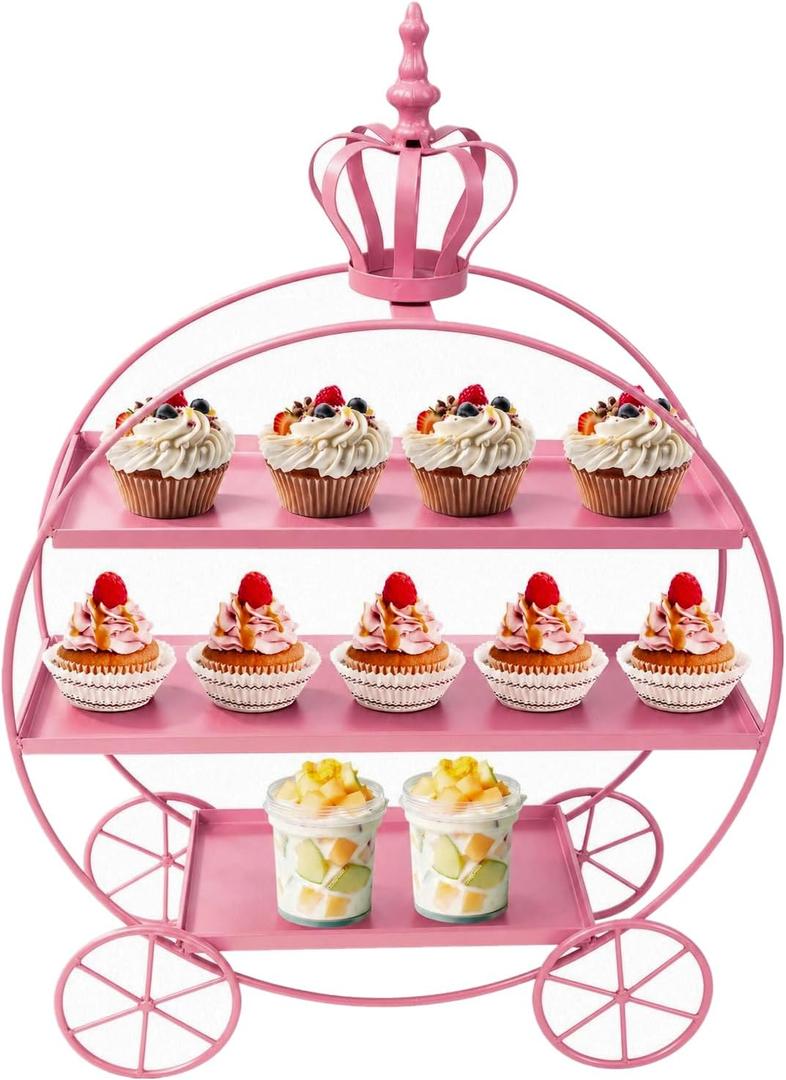 Pink Crown Pumpkin Cart 3 Tier Dessert Stand, Wrought Iron Cake Display Tray for Wedding Birthday Afternoon Tea Party, Decorative Tiered Serving Platter for Pastries Fruit Candy