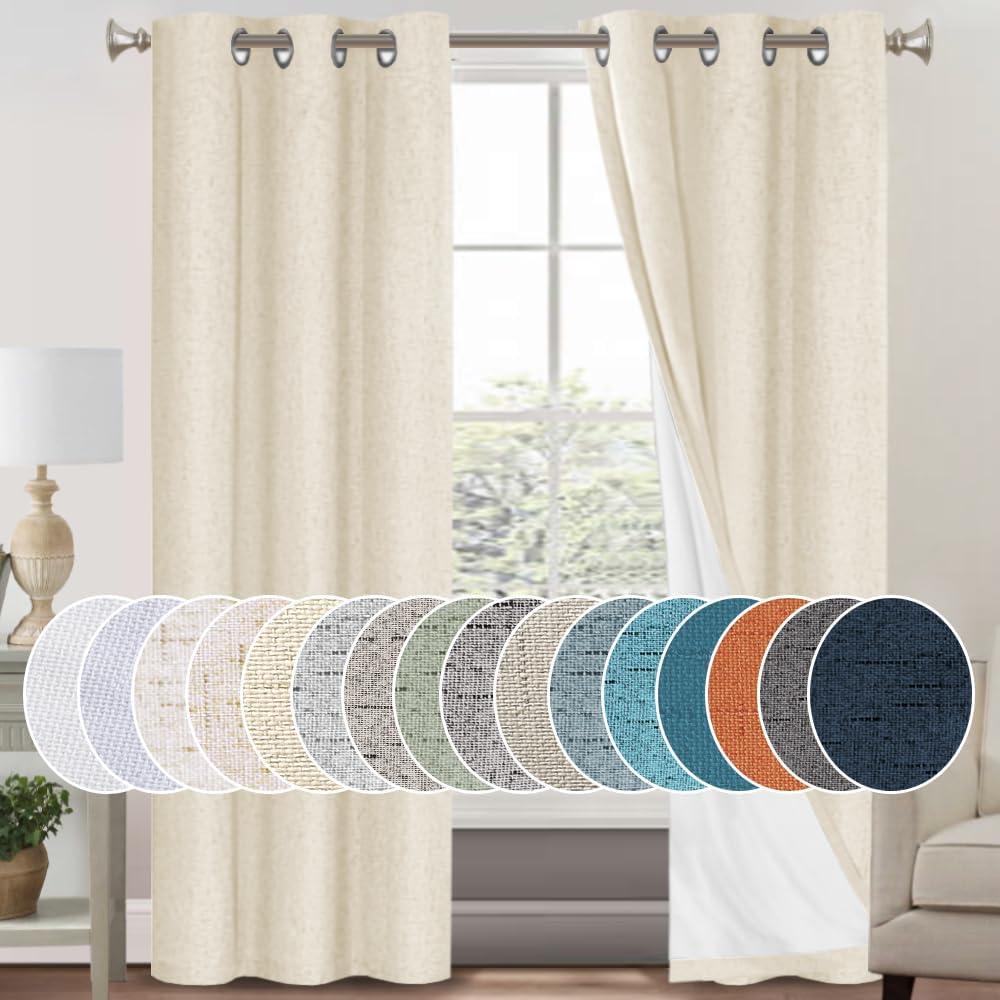 PrinceDeco Linen Blackout Curtains 84 inch Length 2 Panels Set 100% Blackout Linen Texture Curtains for Bedroom Living Room Window Treatment Drapes with White Liner, Bleached Sand, 42" W x 84" L