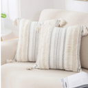 decorUhome Decorative Boho Throw Pillow Covers 18x18 Set of 2, Accent Neutral Textured Tufted Pillow Covers Striped for Couch Bed Sofa Living Room, Beige and Cream White