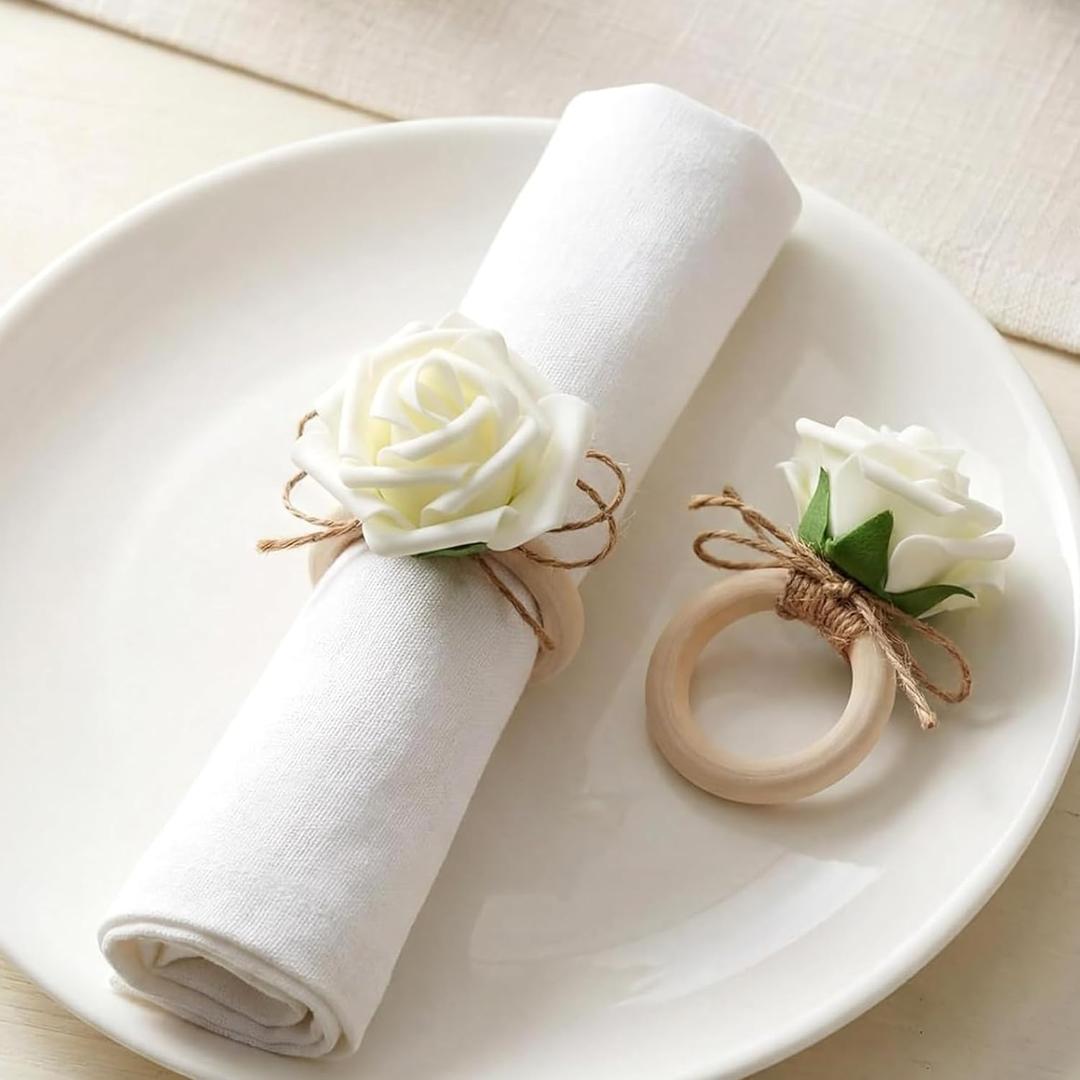 Flower Napkin Rings Set of 12 Wooden White Rose Handmade Napkin Holders for Wedding Mother's Day Birthday Dinner luncheons Picnics Banquet