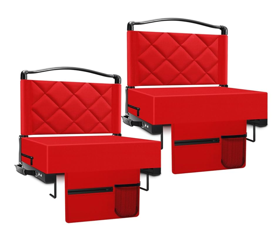 Stadium Seats with Back Support and Cushion Thick Padded Bleacher Chairs with Shoulder Strap, Portable Folding Stadium Seat Chairs for Bleachers Include Cup Holder and Side Pocket (Red, 2pcs)