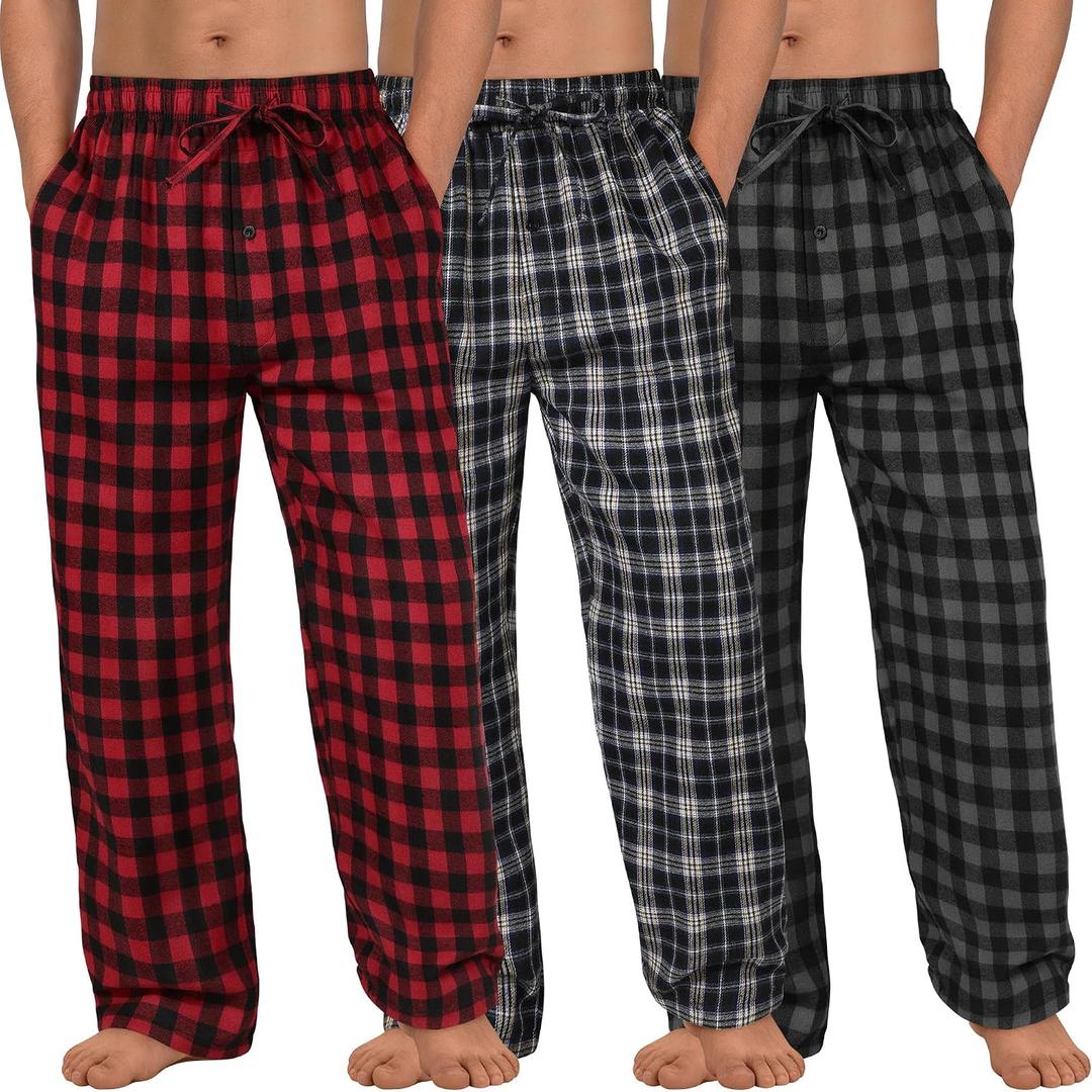 3 Pack Mens Pajama Pants Cotton Woven Plaid Pj Bottoms Lightweight Lounge Sleep Sleepwear with Pockets & Drawstring, Large
