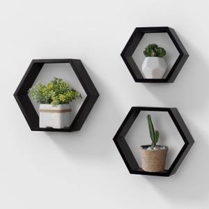 AHDECOR Wall Mounted Hexagon Floating Shelves, Wooden Wall Organizer Hanging Shelf for Home Decor, Set of 3, Black