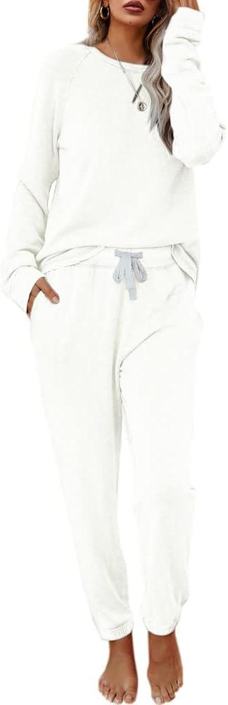Eurivicy Women's Solid Sweatsuit Set 2 Piece Long Sleeve Pullover and Drawstring Sweatpants Sport Outfits Sets (Large, A-off White)