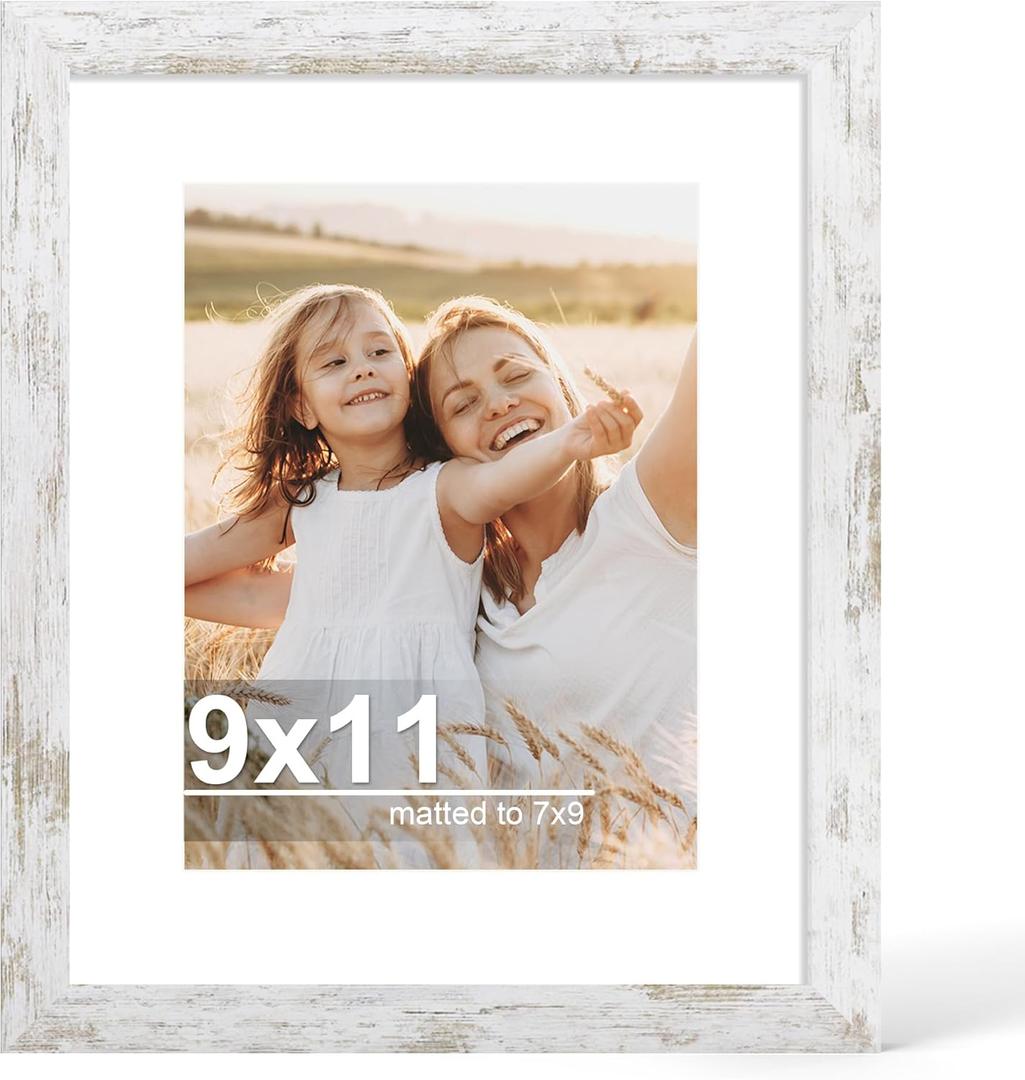 9x11 Picture Frame with Glass, Display Pictures 7x9 with Mat or 9 x 11 without Mat - Wall and Tabletop, 9 by 11 Photo Wooden Frames (Distressed White, 1 Pack)