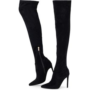 Elisabet Tang Thigh High Boots Over the Knee Boots for Women,Sexy Stilettos High Heels Boots Stretch Suede Long Pointed Toe Shoes Black Suede Size 8,5
