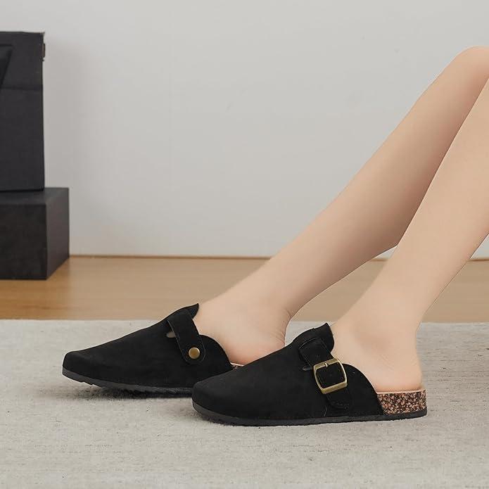 BiuYorBTY Womens Mens Suede Clogs, Leather Mules with Arch Support, Adjustable Buckle Slip On Cork Footbed Sandals Orthopedic Sandals for Women, Black 8W